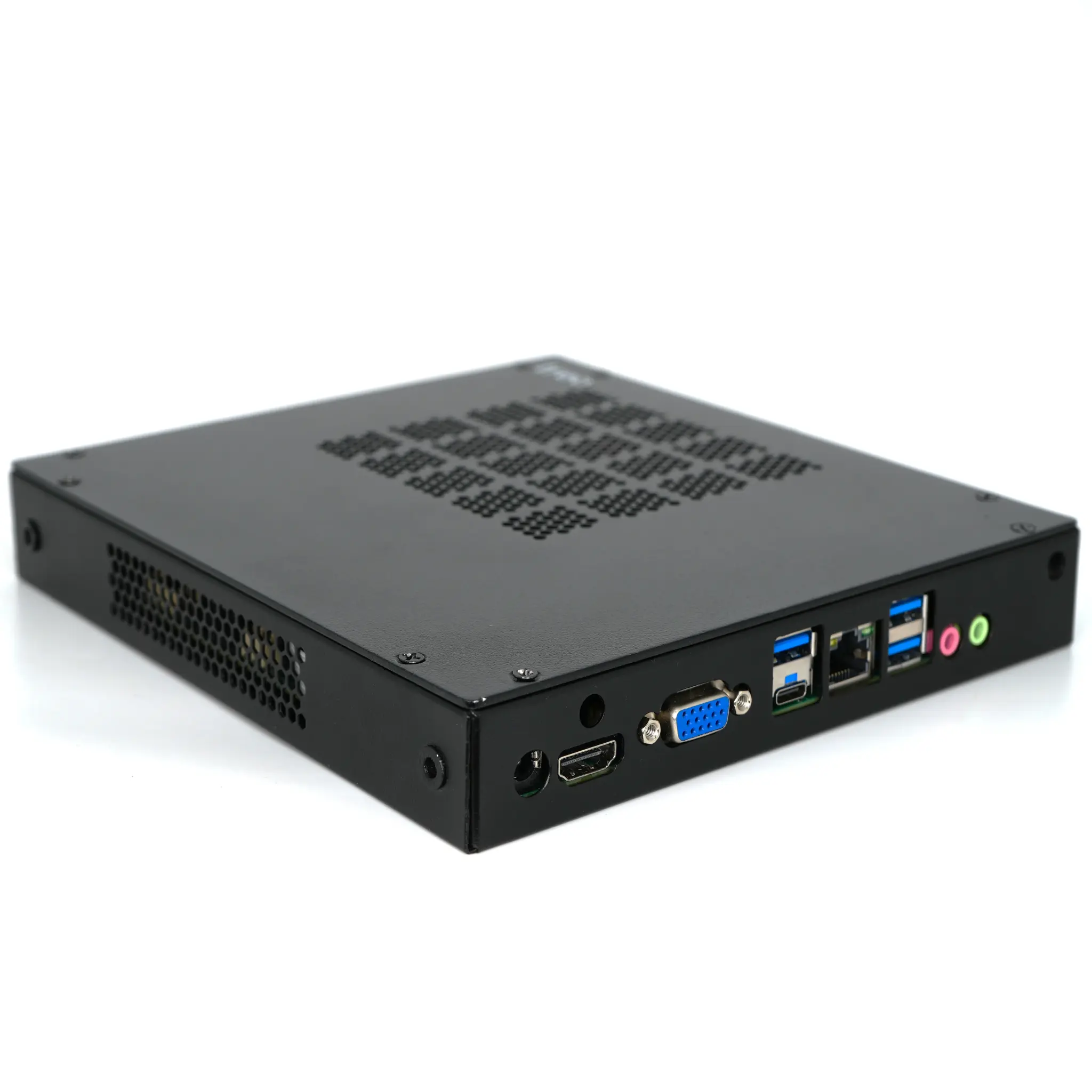 Thinvent® Treo Mini PC, Intel® processor N100 (4 core, up to 3.4 GHz, 6 MB cache), 4GB DDR4 RAM, 128GB SSD, 12V 5A Adapter, No WiFi, Ubuntu Linux | Treo 100 Rear Perspective view